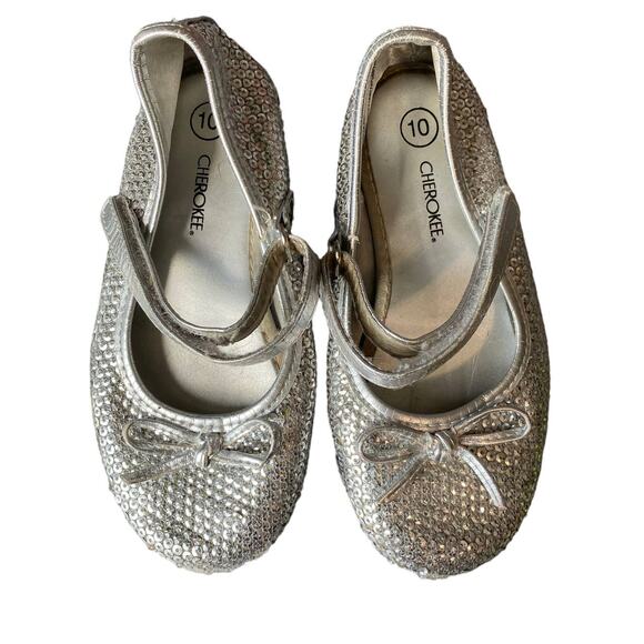 Cherokee SIlver 10 Girls Dress Shoes Mary Jane Hook Loop Sparkle Rhinestones - Picture 1 of 5